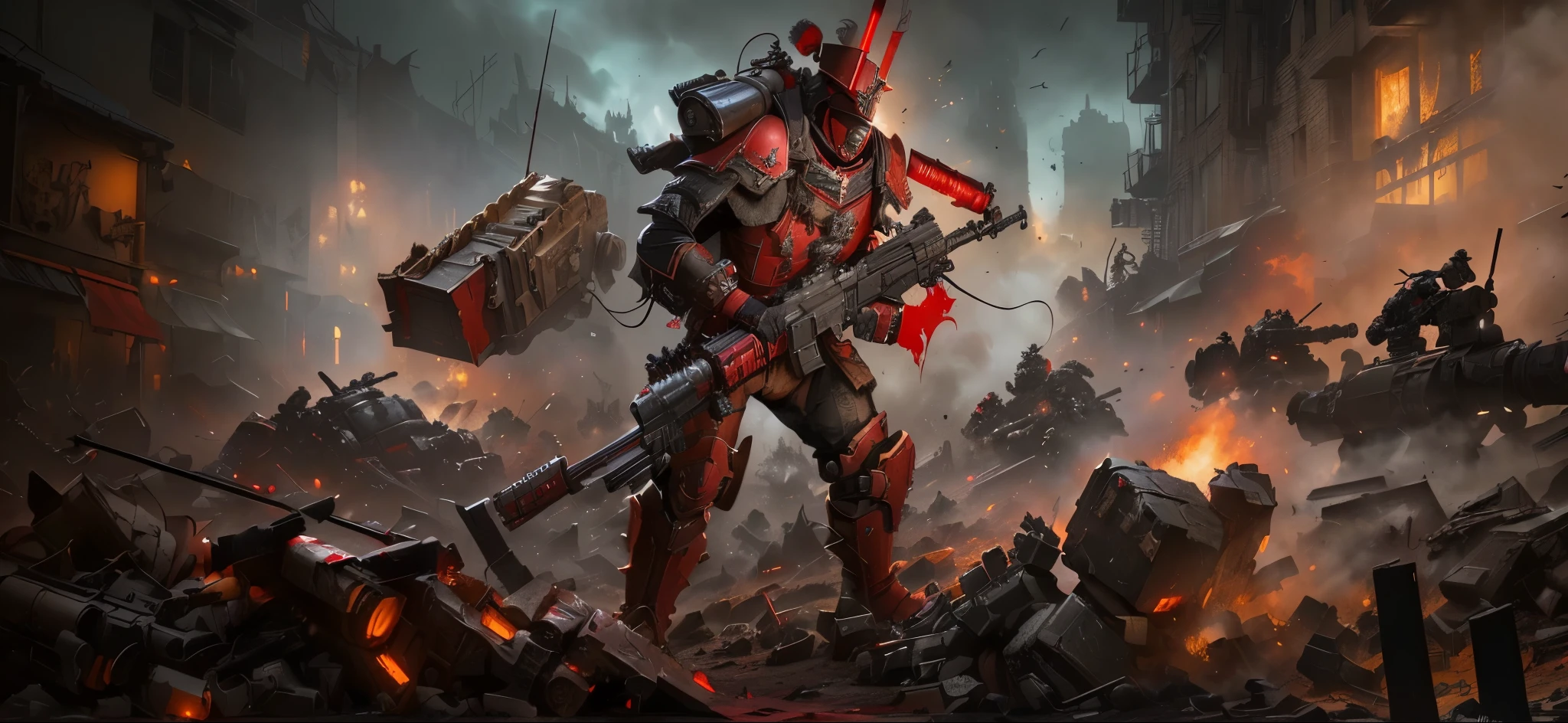 There is a man in a red suit holding a machine gun, From the Vermintide 2 video game, warhammer 4 0 k artwork, Soldiers come under heavy fire, author:Ludwik Konarzewski Jr., Warhammer 40k style, fps game concept art, Detailed game art illustrations, Heavy weapon guy, Post-apocalyptic scavenger, bloodbath battlefield background