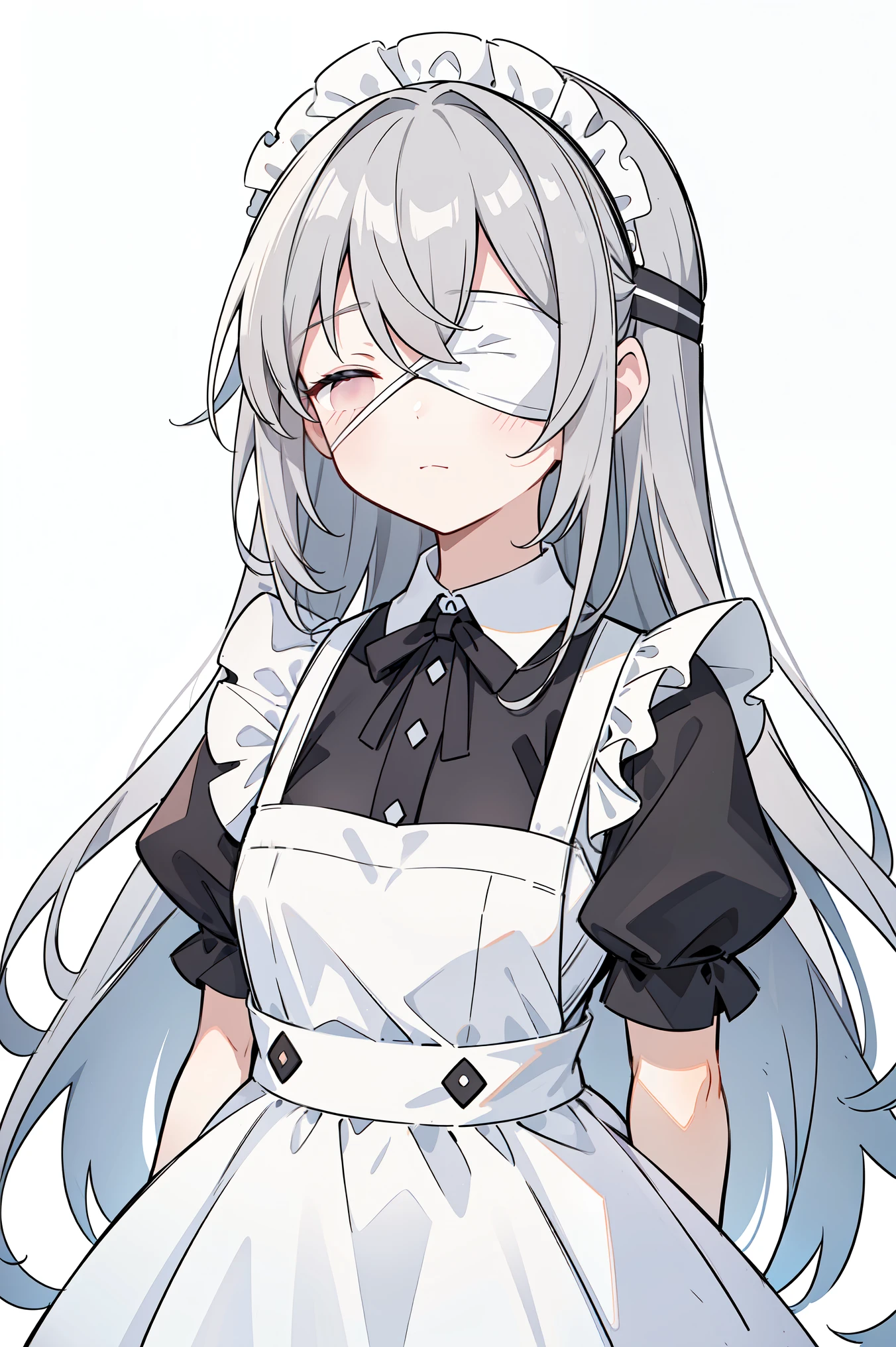 (masterpiece, best quality, ultra high quality, by quan, sketch:1.1), ((portrait)), 1girl, solo, human girl, young with long hair, very long hair, gray hair, straight hair, blunt bangs, hair between eyes, (blindfold, covered both eyes:1.2), small breasts, flat chest, neutral, innexpressive, small smile, :<, wearing a victorian white dress, maid, maid dress, white apron, long dress skirt, leggings, black pantyhose, upper body, standing, hands behind back, isometric lightning, white background, simple background