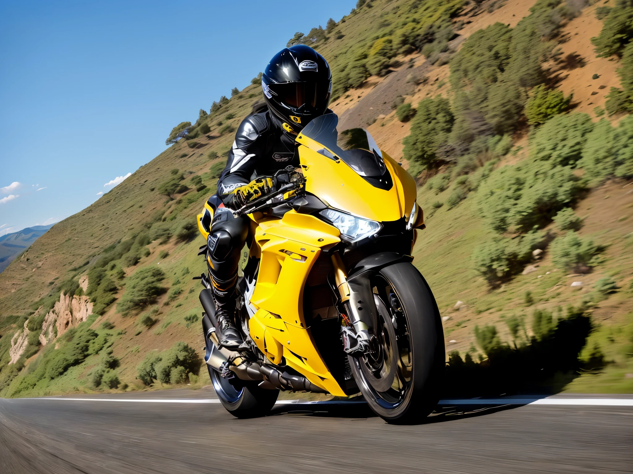 arafed motorcycle rider on a yellow motorcycle on a mountain road, huge ducati panigrale motorbike, riding a futuristic motorcycle, riding, panning shot, yellow, motorcycle, touring, riding a motorcycle, inspiring, triumph, but very good looking”, fan favorite, inspired by Brian Dunlop, motorbike, riding on the road, speeding on motorcycle, super high resolution