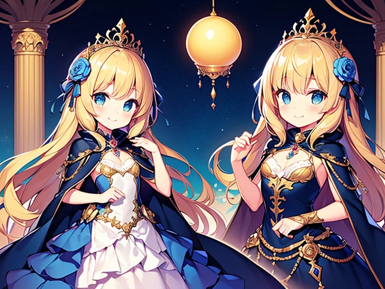 (kawaii),(best quality),(ultra detailed), upper body,(rococo style),(long train deep blue cape:1.15), very long cape,(long train deep blue ball gown with flower decorations:1.05), a girl is wearing a cape over her gown, 1 little princess, tiara, smile, very long hair, small breasts