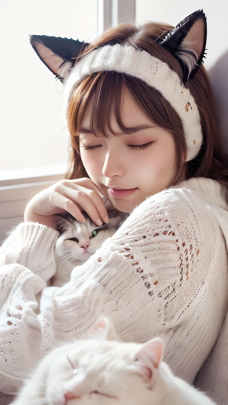 masterpiece, 4k, Bokeh, (Kawaii:1.5), (Beautiful girl:1.3), (Japanese idle:1.6), (Cat ear:1.3) , (white knit onepiece:1.6),  Blushed face, looking at the viewer, cowboy shot, (Hold pretty slleeping white cat :1.5), (Close eyes:1.3), (white background :1.4), 