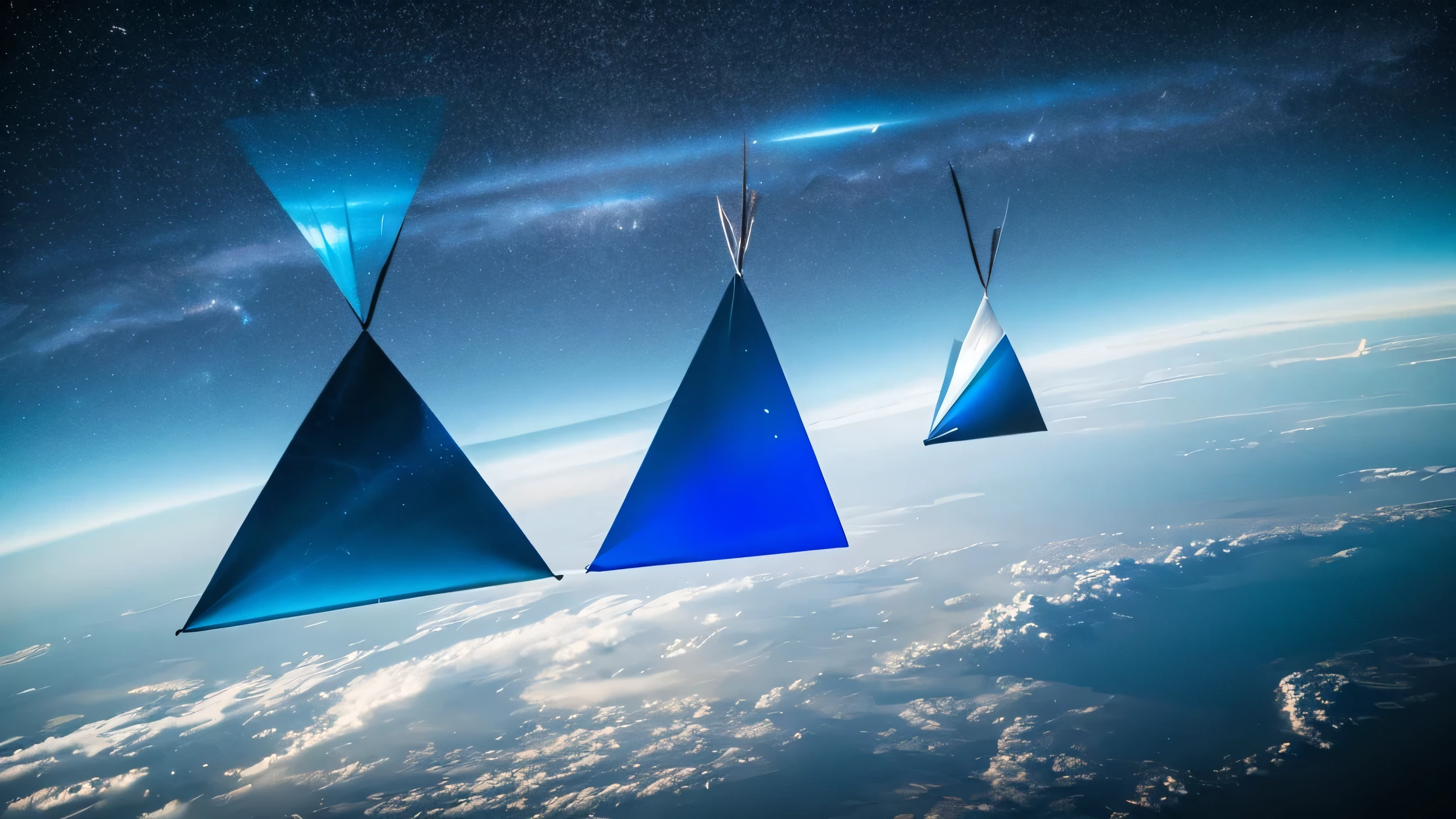 Developing triangles floating in space, glowing blue-white