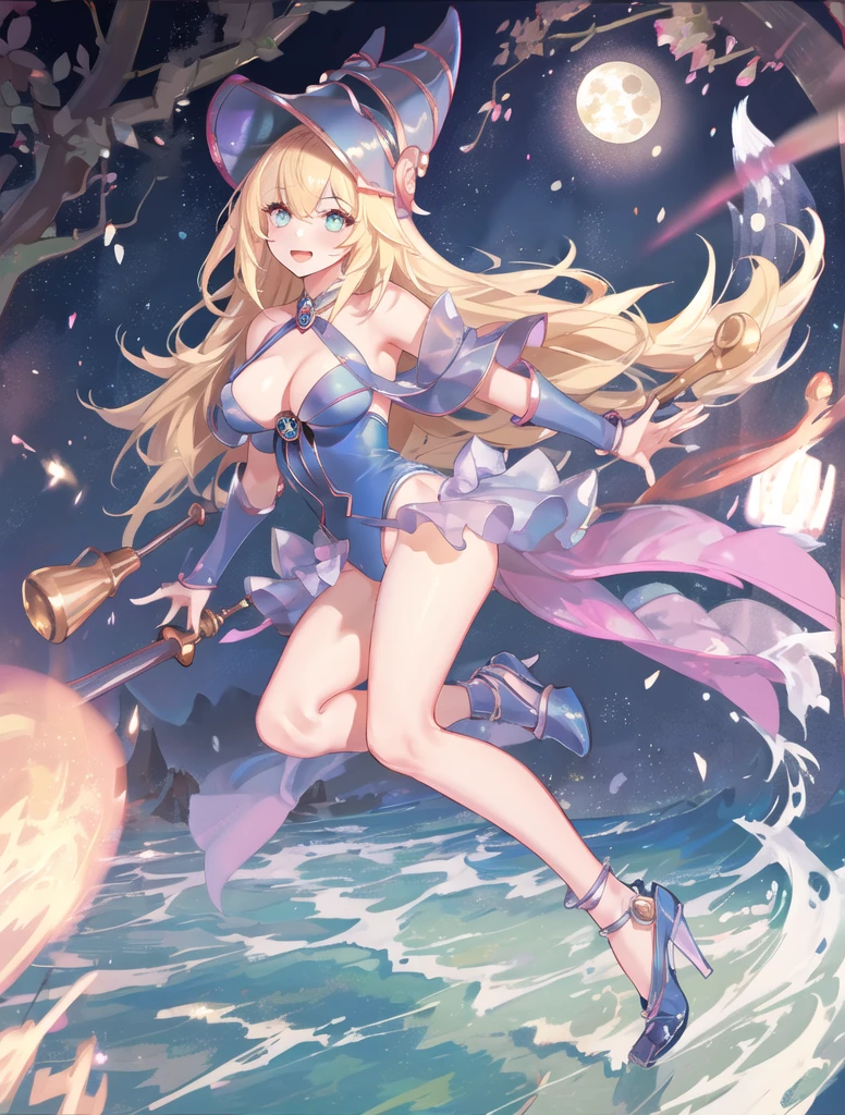 (( straight face picture )) ((best quality)),  ((Masterpiece)), (details), Young woman , yellow hair , Dirt. , blue eyes ,Blue purple set, Gold pattern, wearing a big brimmed hat , Magician , The dress is very beautiful. ,long dress ,big breasts ,Big butt