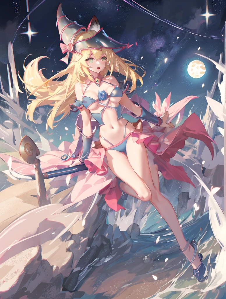 dark magician girl, mksks style, (Highly detailed background:1.0), (Highly detailed background:1.0), masterpiece, highest quality, (One girl), alone, (forest), Long Hair, Blonde, Blue hat, Wizard Hat, Casting a Spell, nature, wood:1.2, Motion Blur, magic, (moonlight:1.2), chromatic aberration, Depth of written boundary, Soft lighting, Highly detailed face, Highly detailed eyes ,((highest quality)), ((masterpiece)), ((Perfect Face))、Swimwear、surfing、Fox Ears、Fox&#39;s Tail