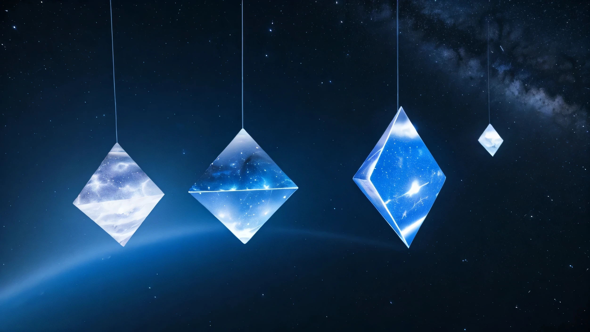 Developing triangles floating in space, glowing blue-white