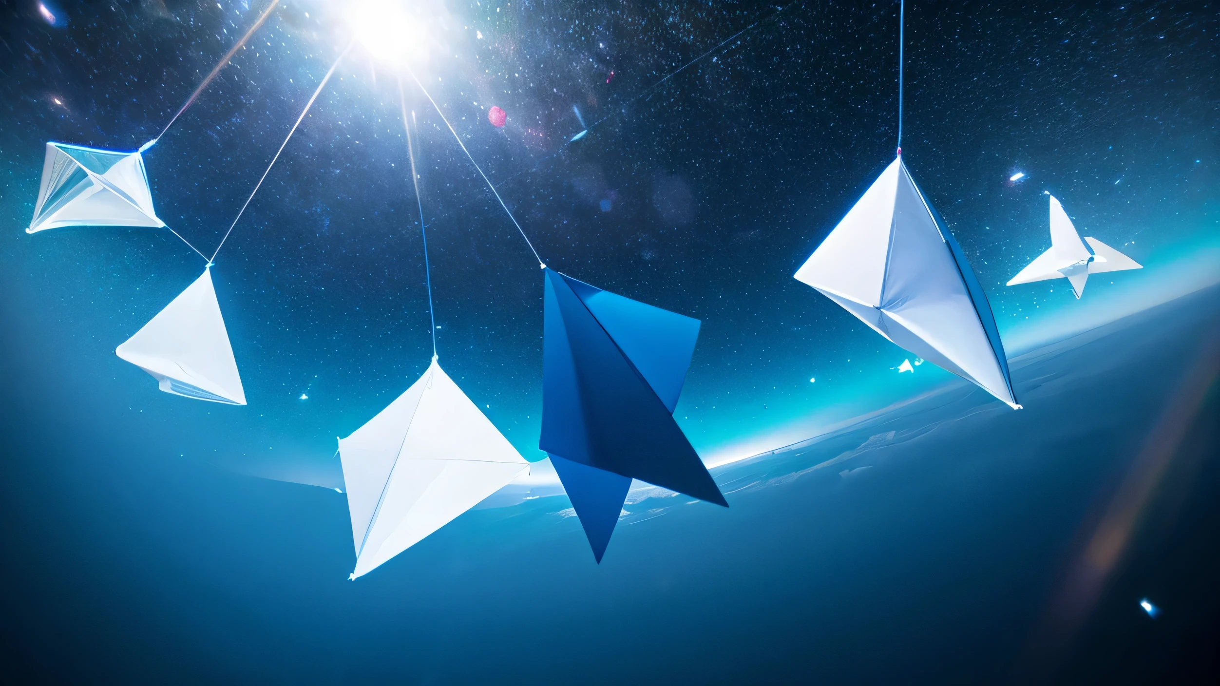 Developing triangles floating in space, glowing blue-white