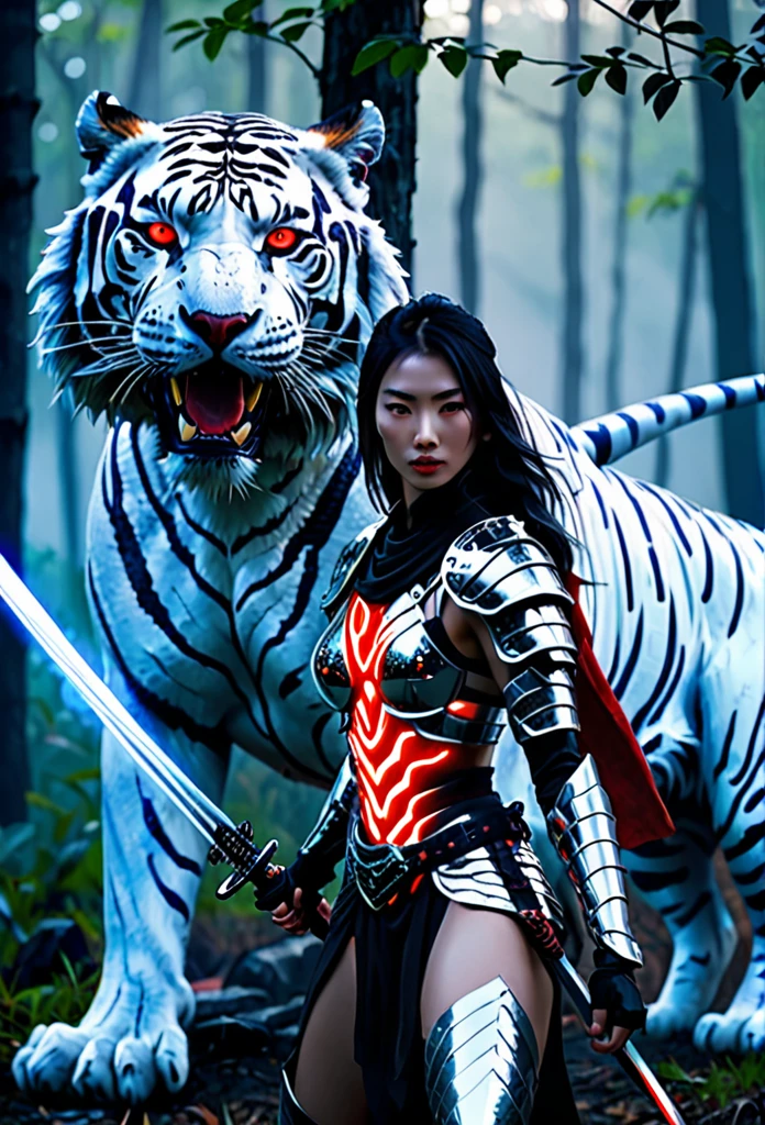 Realistic portrait 8k,of many elements In the middle of the picture is a female assassin dressed in black and gold armor, standing with a sword. ,Big white tiger, pair of flying red fire dragon demons. Group of ninja assassins in the middle of the forest,Thick fog,sky color sky green blue,sparks,sky color smoke,was bombarded Around him there was a light armor that looked like glowing neon.,Full body ,hight detail,light chiaroscuro,hight speed action drama,stream line follow,brush stroke faces,lines laser white เขียว,sky,red,purple,glows,
 The mist has the neon glow of gems, twinkling, glistening, sparkling. ,blackdrop, backdrop, light, shadows, depth.


