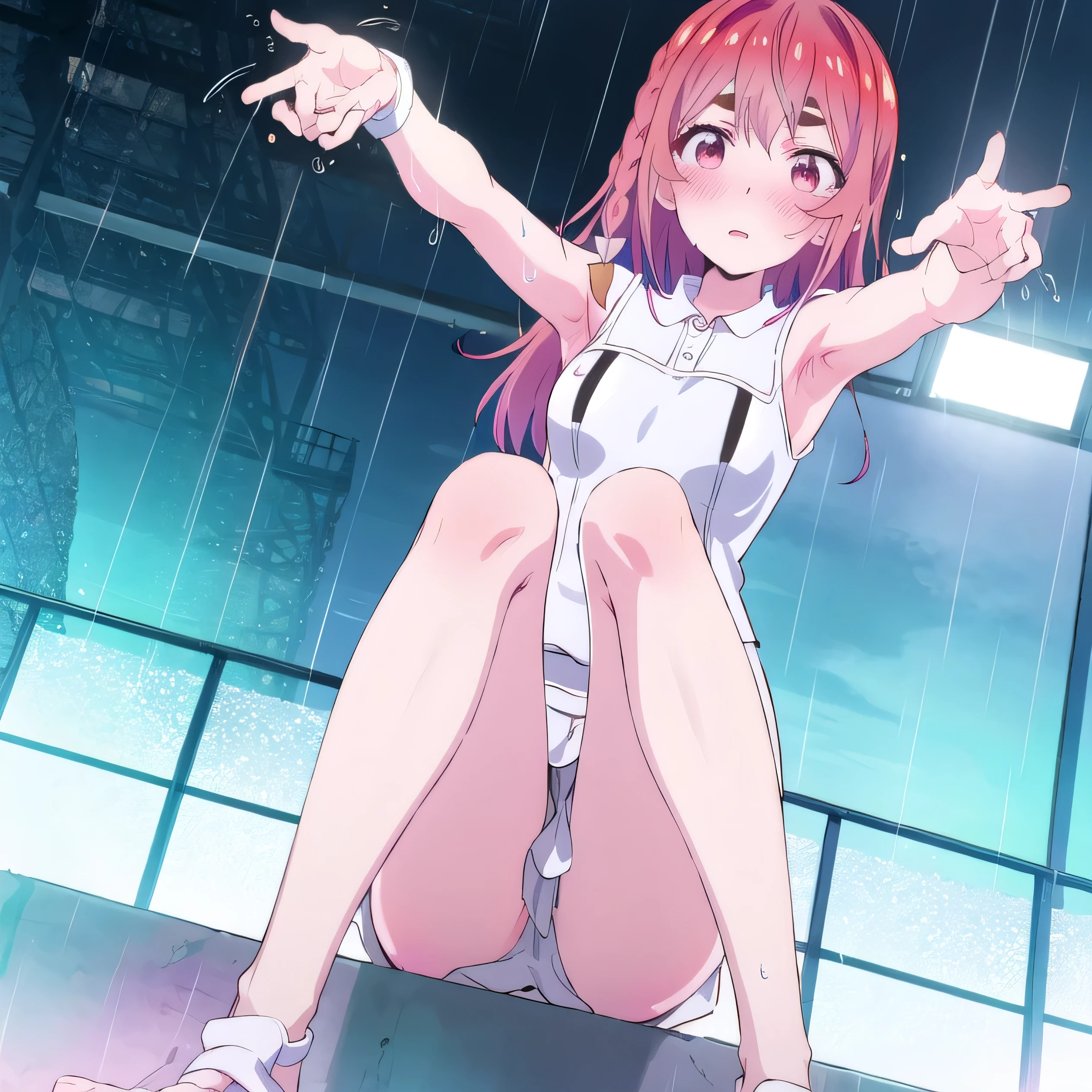 daytime, raining, solo, 8K resolution, pink eyes, glowing eyes, white short skirt, pleated skirt, Blush, tennis court, sleeveless shirt, sunlight, Wet from the rain, seethrough, Sit with 2 knees up, spread your legs, pussy, sexy expression, the skirt is lifted up, highest quality, High resolution, highly detailed face, perfect lighting, (perfect hands, perfect anatomy), sumi, perfect figure, armpit, view from below,  s,