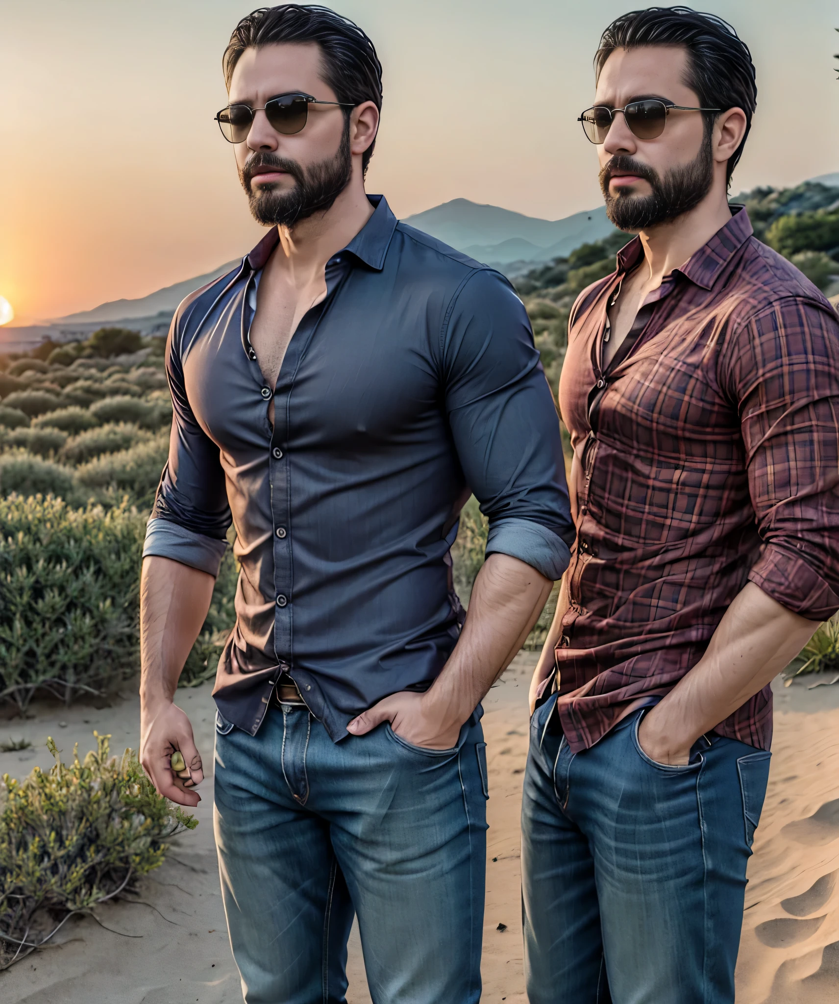 Obra maestra, desenfoque de campo, Parte superior del cuerpo, Hands in pants pockets , Two 38 year old men with beards and square sunglasses... Men dressed in a shirt at an action movie in Japan with a sunset in the background.