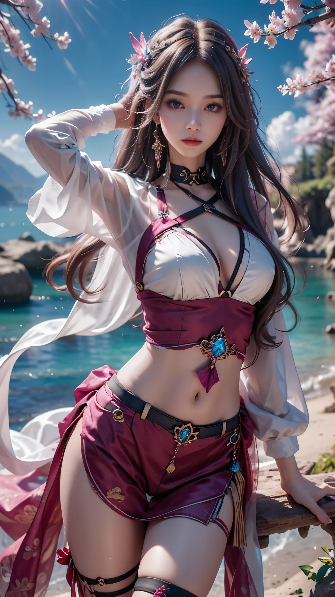 8K, ultra hd, masterpiece, hd colors, 1 girl, perfect face, very long curly hair, detailed eyes, simple clothing, ((magenta clothing)), stocking, ((criss-cross lace)), sardine, straps, net clothing, ((long loops)), jwellery, waterside, Realistic scenery, epic scenery, sun rising, evening, clouds, Butterfly, cherry blossom, blowing wind, perfect pose,