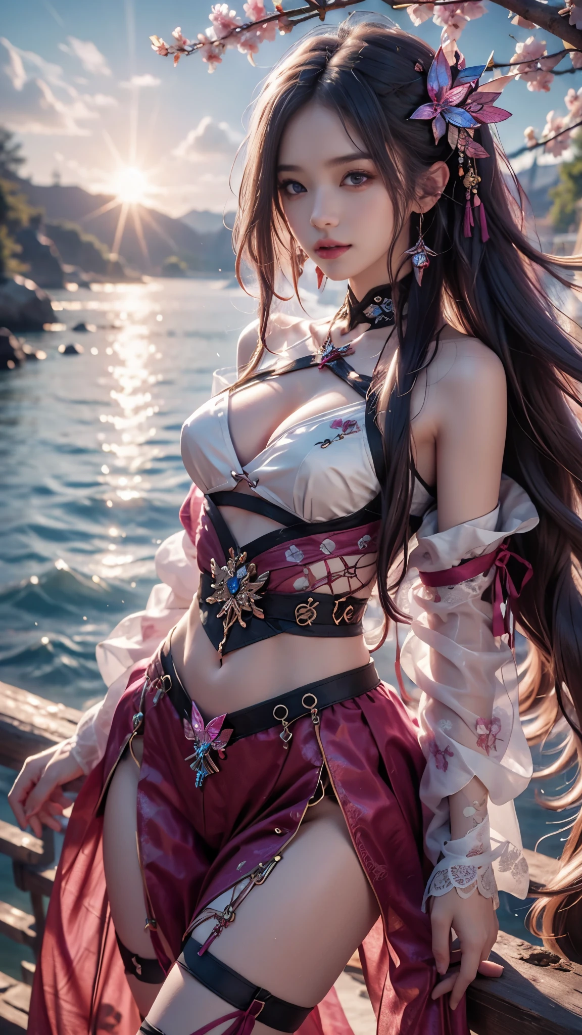 8K, ultra hd, masterpiece, hd colors, 1 girl, perfect face, very long curly hair, detailed eyes, simple clothing, ((magenta clothing)), stocking, ((criss-cross lace)), sardine, straps, net clothing, ((long loops)), jwellery, waterside, Realistic scenery, epic scenery, sun rising, evening, clouds, Butterfly, cherry blossom, blowing wind, perfect pose,