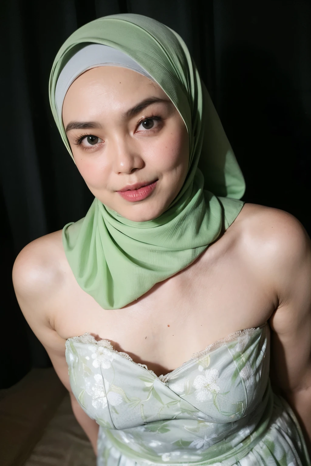 ((FLAT CHEST:1.8)), (Happy smile), (((HIJAB MALAY GIRL))), masutepiece, High quality, UHD 32K, Realistic face, Realistic skin feeling , A Japanese Lady, 58 years old matured lady, , Very cute and baby-like face, (((FLAT CHEST))), (Night time at forest), ((look In front  at the camera and SADNESS)), (((WHITE FLUORESCENT))), (((CUTE GIRL))), ((LIGHT GREEN FLUORESCENT LIPS)), ((Floral Pattern)) little wearing strapless bra, strapless colorful bra, dark night background , black forest night, horror scary place, (from behind up) seductive pose