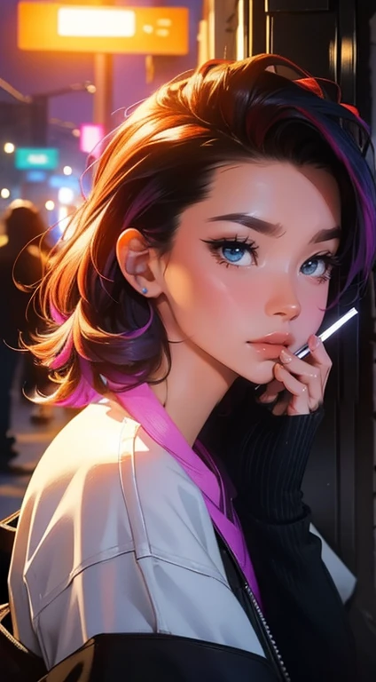 En train de fumer une cigarette electronique (Smoke Electronic Cigarette, beaucoup de vapeur effect) tatouage, maquillage, Paysage de nuit qui passe, Une belle fille avec, UHD Portrait, (High quality) (ultra details) Regarder le spectateur en tenue de ville de style hip-hop; different, colourfull, cheveux de plusieurscouleurs longs 🌈