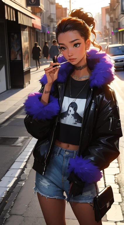 En train de fumer une cigarette electronique (Smoke Electronic Cigarette, beaucoup de vapeur effect) tatouage, maquillage, Paysage de nuit qui passe, Une belle fille avec, UHD Portrait, (High quality) (ultra details) Regarder le spectateur en tenue de ville de style hip-hop; different, colourfull, cheveux de plusieurscouleurs  longs 🌈