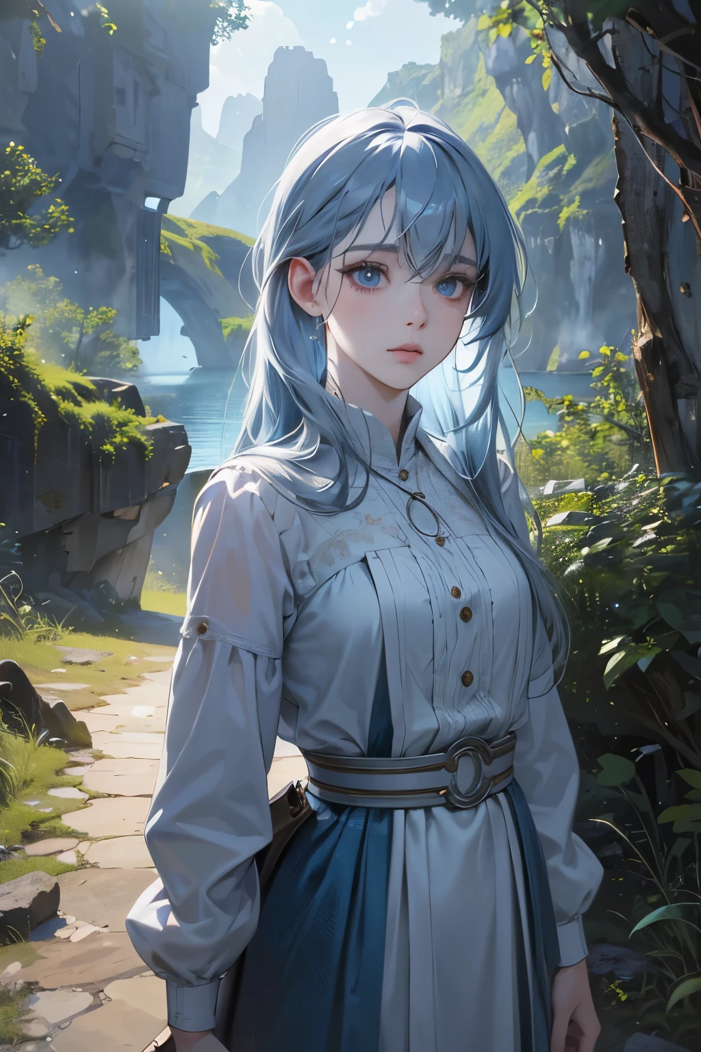 (absurdres, highres, ultra detailed),masterpiece,best quality,high resolution,8k,Realistic face,Realistic skin texture,magnified textures, stunning clarity,detailed anime girl,ultra detailed eyes and faces,standing distopian society,pale skin,dark blue hairs,cave,lake,dinosaur,ruins,cowboy shot