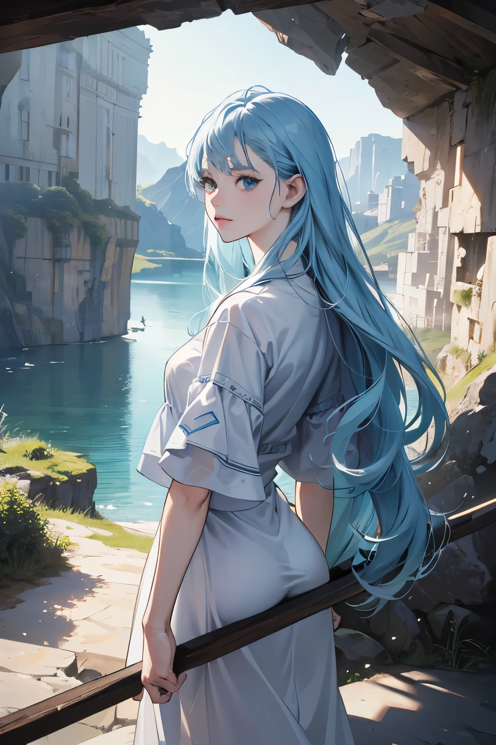 (absurdres, highres, ultra detailed),masterpiece,best quality,high resolution,8k,Realistic face,Realistic skin texture,magnified textures, stunning clarity,detailed anime girl,ultra detailed eyes and faces,standing distopian society,pale skin,light blue hair,cave,lake,ruins,cowboy shot,look at viewer,monsters in the back