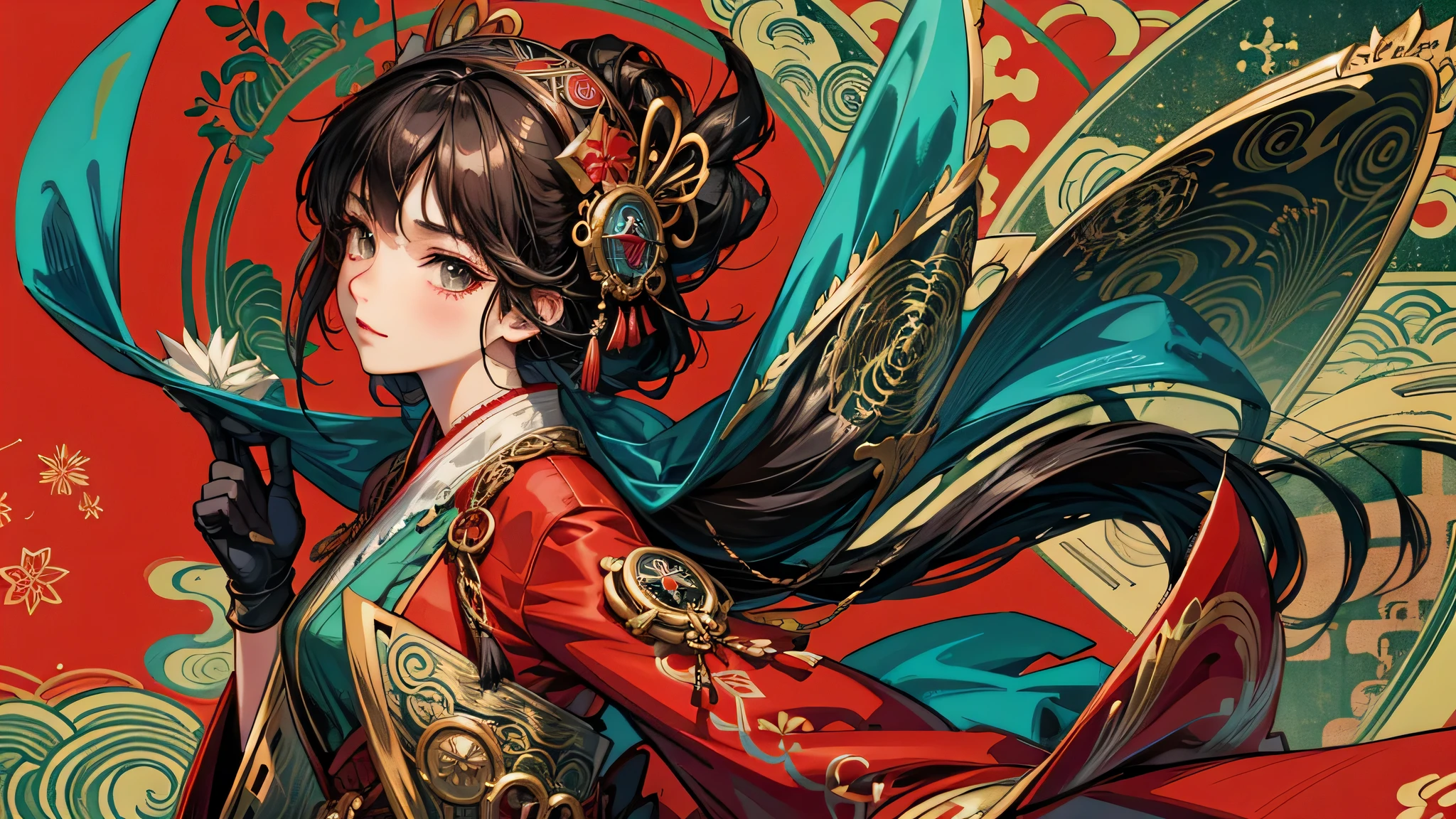 (best quality), girl,oriental detailed background, oriental cityscape, steampunk, miko
