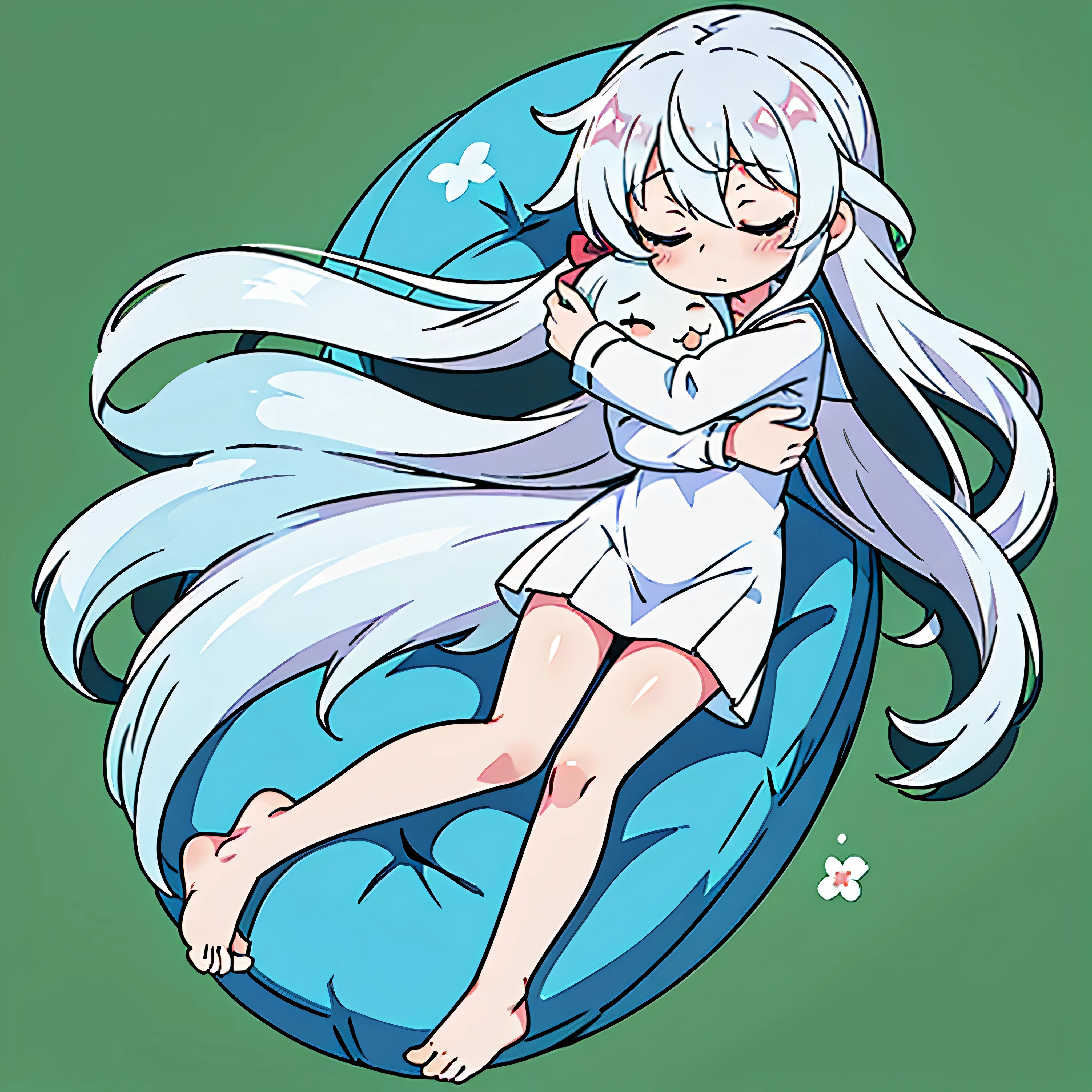 chibi, barefoot, kawaii, sleeping, closed eyes, own hugging feet, 1 girl, full body, transparent background, white hair, long hair, lying, school, white shirt dress, hugging a stuffed toy, from above, solo girl