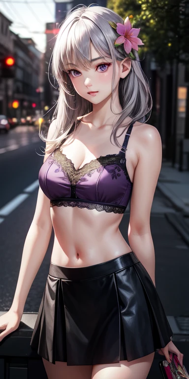 realistic, girl single, gray hair, green mesh hair, purple eyes, shining eyes, floral incense underwear, garter belt, parted lips, blush, night, flower, sun, sunlight,