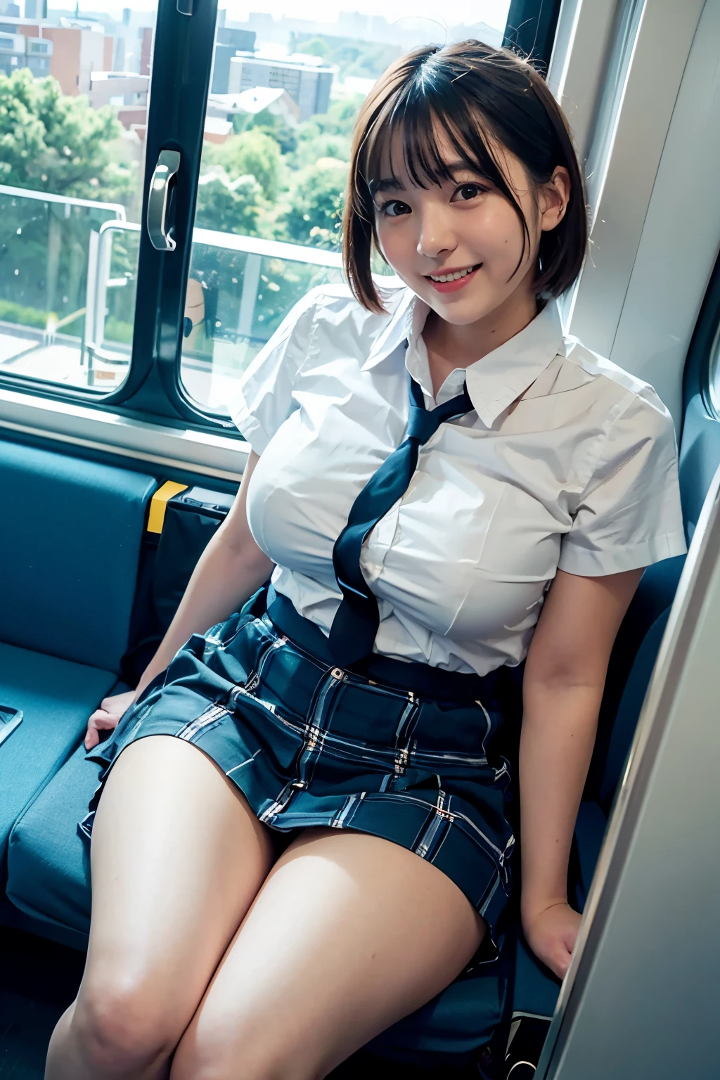 highest quality, masterpiece, Ultra-high resolution, (Reality: 1.4), Original photo, One girl, japanese girl, ****, mature, White JK Uniform, happy smile, short hair,  gigantic bust, curvy body, button gap:1.35, sitting on seat in train, open legs, skirt lift, Cinema Lighting, Landscape sheet, The view from the train window, from above