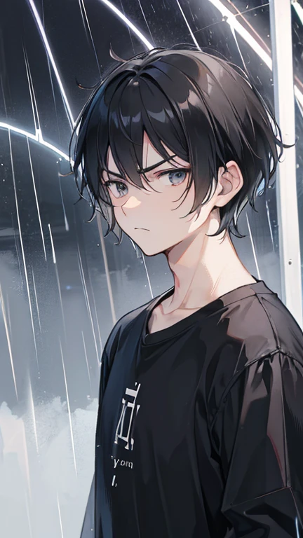 A man in his 20s looking a little grumpy,Short-haired and black-haired,cool,it's raining,