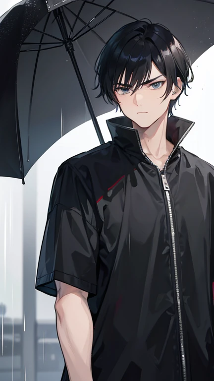 A man in his 20s looking a little grumpy,Short-haired and black-haired,cool,it&#39;s raining,