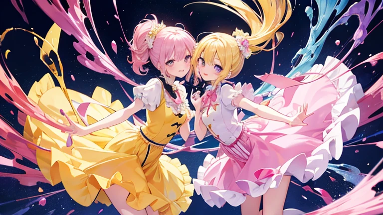 Anime Style,highest quality, masterpiece,Pink and yellow hair,  iris, smile,Simple Background,Two Girls, fluid movement,Ruffle skirt dress