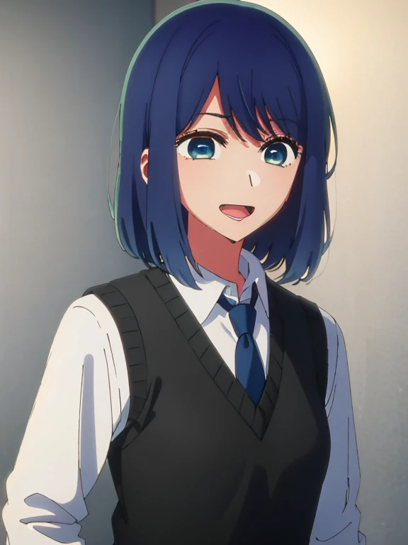 Beautiful lighting, One Girl, solo, Akane, White shirt, Sweater vest, Black vest, Blue tie, ((Anime Style))、((2D))、Laughter、Open your mouth、Look forward