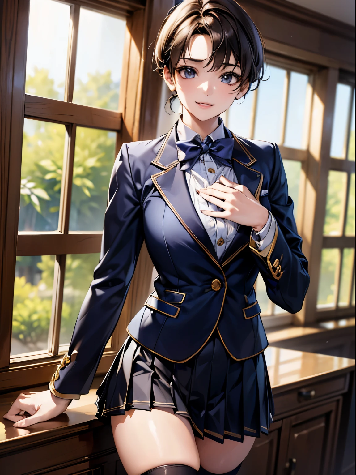 ((highest quality)),(超A high resolution),(Very detailed),(Detailed Description),((The best CG)),(masterpiece),super precision art, short hair、(highest quality、8k、32k、masterpiece)、(Realistic)、(Realistic:1.2)、(High resolution)、Very detailed、Very beautiful face and eyes、((tareme:1.6))、1 female、Tight waist、Delicate body、(highest quality、Attention to detail、Rich skin detail)、(highest quality、8k、Oil paint:1.2)、Very detailed、(Realistic、Realistic:1.37)、Bright colors、Perfect Face, Perfect Anatomy, Cute and symmetrical face, Shiny skin, 
Beautiful breasts, Beautiful thighs, Beautiful legs, Beautiful fingers, 
(((Navy Blazer:1.2, Navy Pleated Mini Skirt), Closed blazer, Grey bow tie, White collared shirt), Black thigh-high socks), 
(Beautiful views), Written boundary depth, morning, (Schoolyard), Are standing, (Place your hand on your chest), (Cute Smile, Open your mouth), 