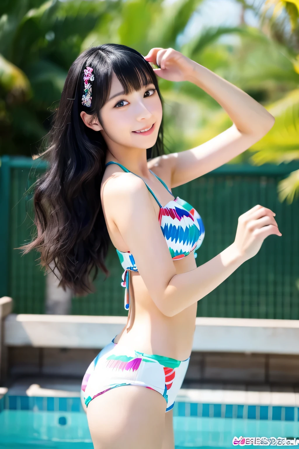 Japanese female idols、Cute face、Long black hair、Swimwear、dancing