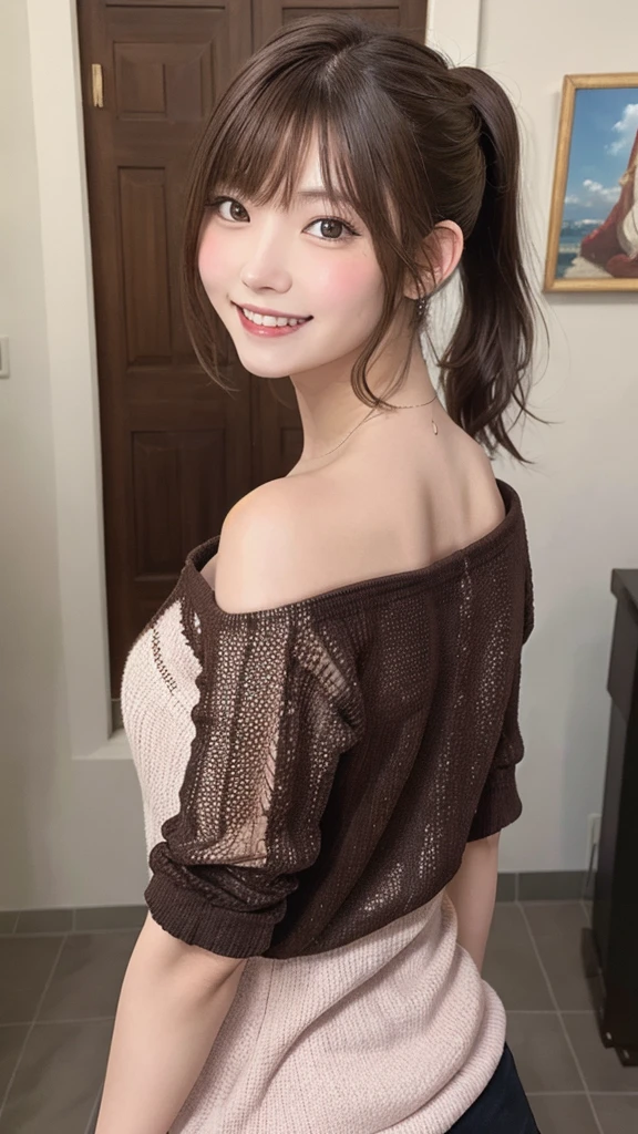 yellow one peace, one girl, brown hair, hair over neck, ponytail, grin, blush, Surrealism, Hyperrealism, Verism, wide shot, UHD, masterpiece, ccurate, anatomically correct, textured skin, super detail, high details, high quality, highres, 1080P, HD, 8k