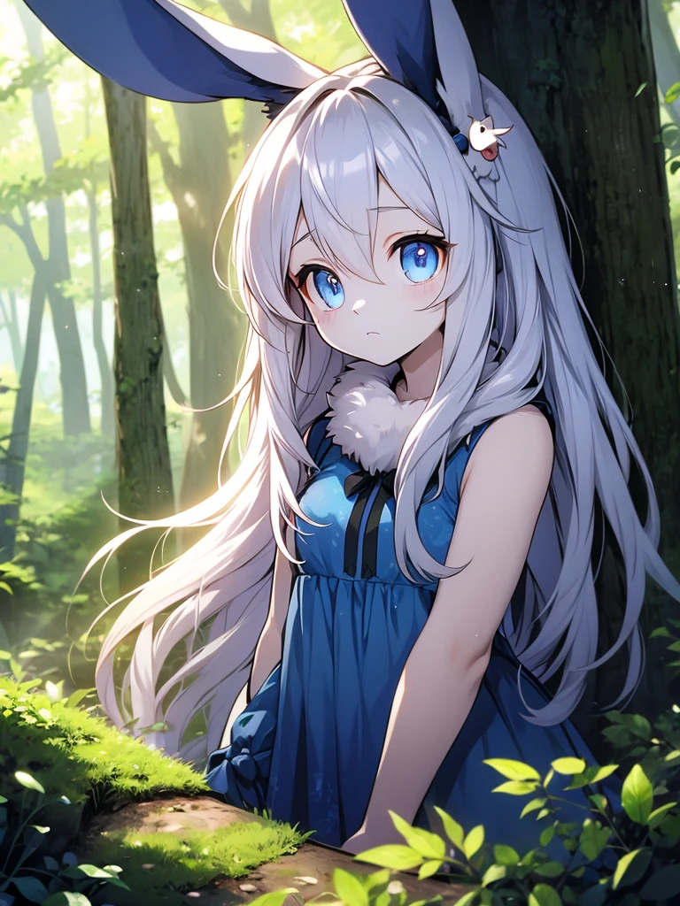 Hairy Girl,rabbit,Extremely fine fur,forest,Tree Hole,Looking at the audience,Sad eyes,blue eyes,Silver hair