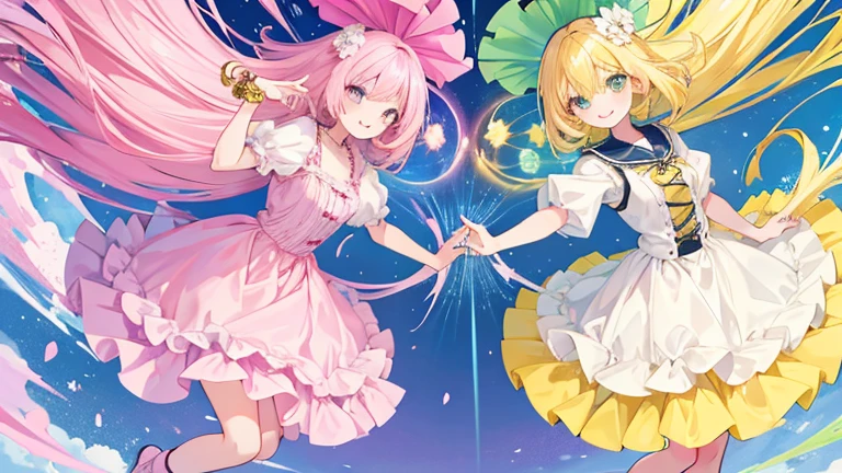 Anime Style,highest quality, masterpiece,Pink and yellow hair, iris, smile,Simple Background,Two Girls, fluid movement,Long skirt with ruffles