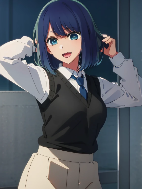 Beautiful lighting, One Girl, solo, Akane, White shirt, Sweater vest, Black vest, Blue tie, ((Anime Style))、((2D))、Laughter、Open your mouth、Look forward