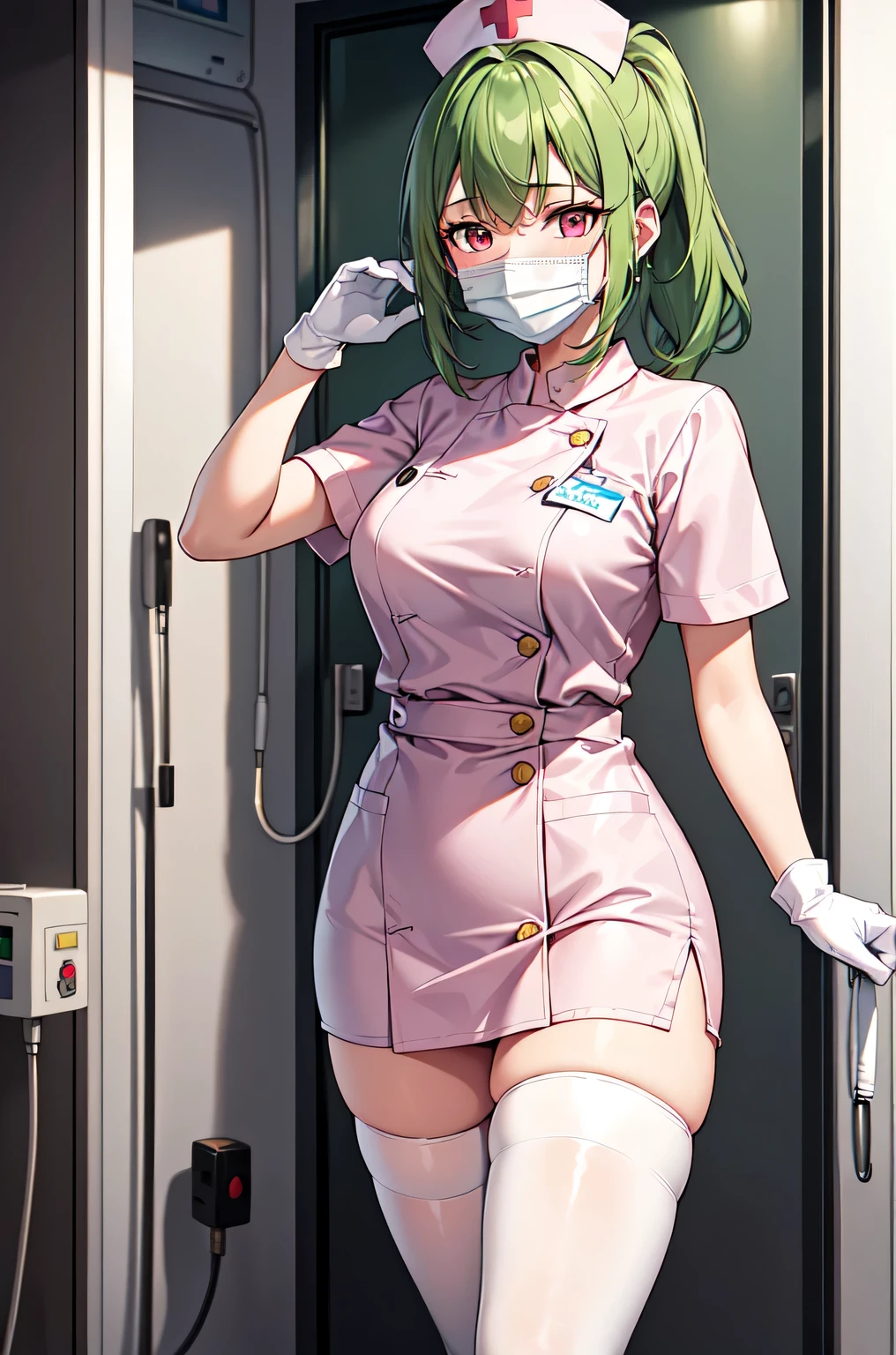 1girl, solo, nurse, nurse cap, white nurse uniform, ((white legwear, zettai ryouiki)), white gloves, ponytail, green hair, pink eyes, ((white surgical mask, covered nose)), standing, ((hospital room)), sharp outline, short sleeves, best quality, masterpiece