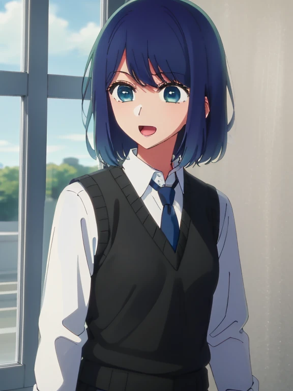 Beautiful lighting, One Girl, solo, Akane, White shirt, Sweater vest, Black vest, Blue tie, ((Anime Style))、((2D))、Laughter、Open your mouth、Look forward