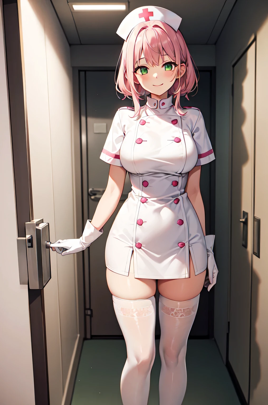 1girl, solo, nurse, white nurse cap, white nurse uniform, ((white legwear, zettai ryouiki)), white gloves, pink hair, green eyes, drooping eyes, smile, standing, ((hospital room)), sharp outline, short sleeves, best quality, masterpiece