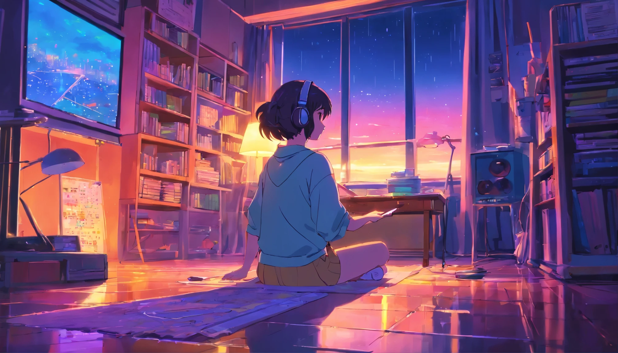 (zero), dream of Girl studying in her room, reading a book, Wear headphones, , night lights, Neon landscape on a rainy day,Analog Color Theme, Lo-Fi Hip Hop , retrospective, flat, 2.5D ,Draw a line, Ink Drawing, Large slope, Watercolor painting, Goosch Colors, Studio Ghibli Style, Awesome colorful, Outer Ton, Synthwave, lofi art,90s style,Old texture, amplitude,90s vibe, masutepiece, Tremendous technology, 16:9 scale
