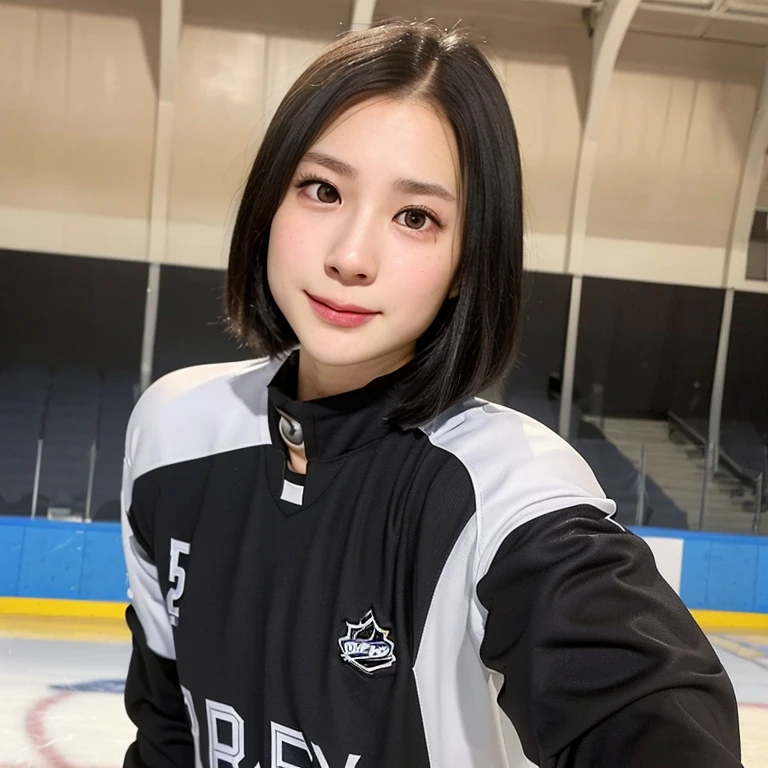 (kawaii 24year-old Japanese girl, Nogizaka idol, Korean idol), female ice hockey player, (glossy black hair, very short hair:1.3), (rounded face, black eyes, single eyelid, no makeup, soft smiling:1.2), (wearing long sleeved ice hockey jersey:1.5), ice hockey gloves, ice hockey helmet, (looking at viewer:1.2), BREAK, (skating at ice skate arena, active atmosphere:1.3), (view from forward, close shot, face focus:1.3), BREAK, (masterpiece, best quality, photo realistic, official art:1.4), (UHD, 8K quality wallpaper, high resolution, raw photo, golden ratio:1.3), (shiny skin), professional lighting, physically based rendering, award winning, (perfect anatomy, highly detailed skin, extremely detailed face and eyes:1.2), Carl Zeiss 300mm F/2.8, depth of field, 1girl, solo, nhl player, national hockey league player,