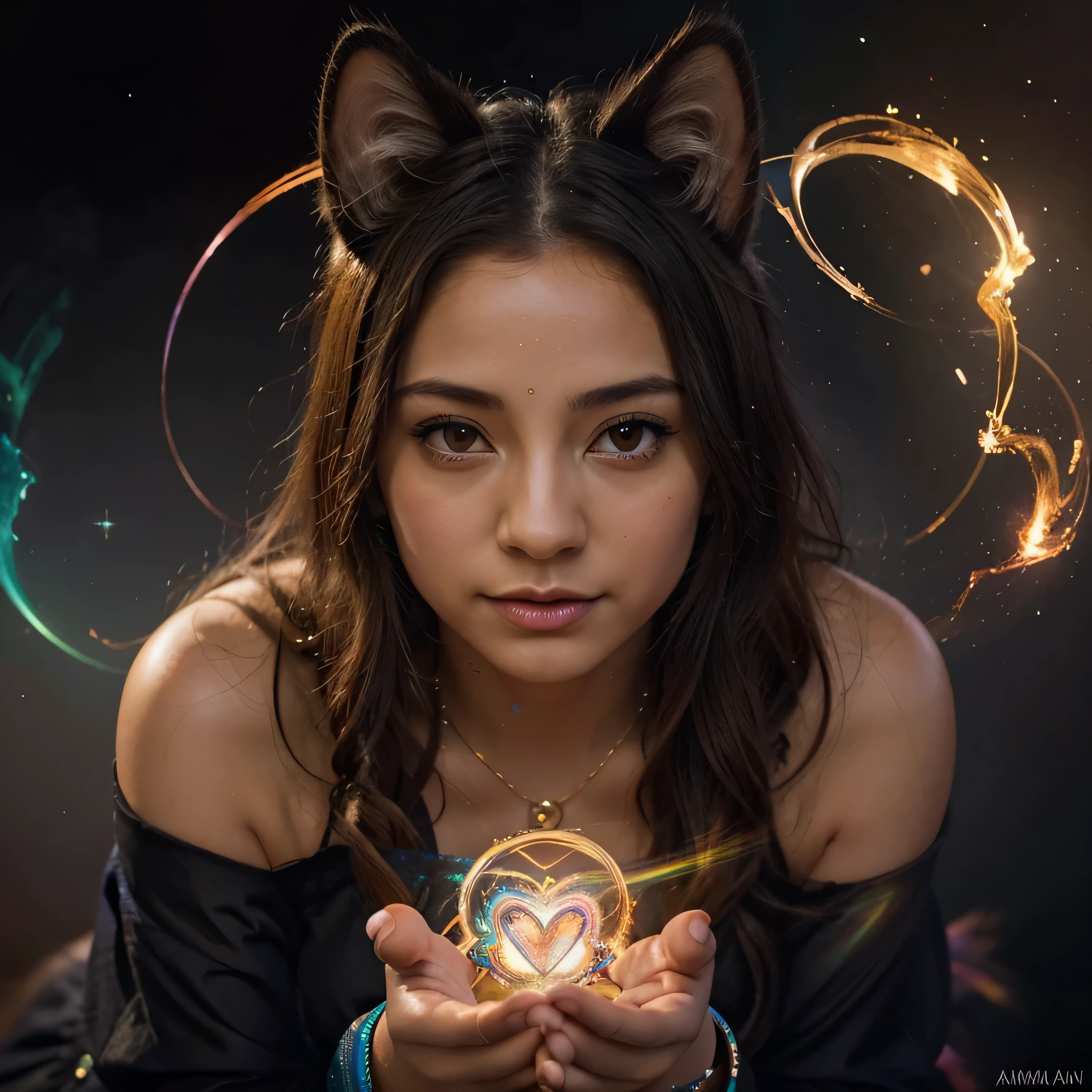 uma pintura de um gatinho colorido em um fundo preto,, breathtaking rendering, within a radiant connection, inspirado em Kinuko Y. Arte,, magical elements, kitten icon, uau, It&#39;s beautiful, casting a multicolored spell, bright flash, flash