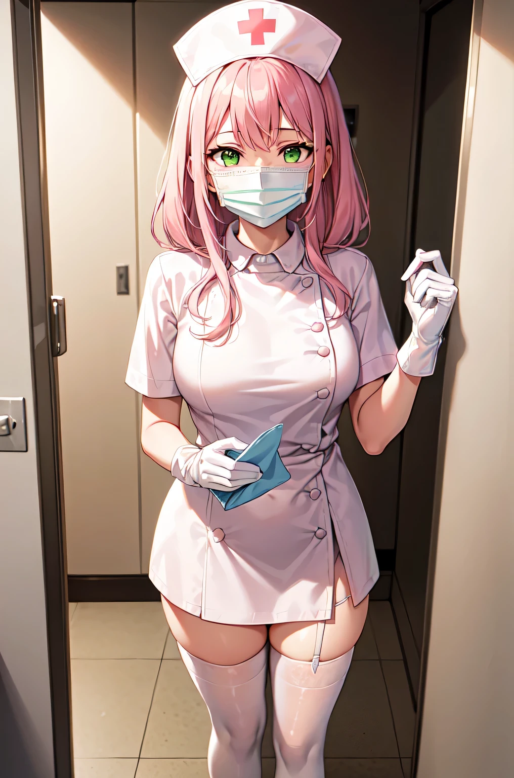 1girl, solo, nurse, white nurse cap, white nurse uniform, ((white legwear, zettai ryouiki)), white gloves, pink hair, green eyes, drooping eyes, ((white surgical mask, covered nose)), standing, ((hospital room)), sharp outline, short sleeves, best quality, masterpiece