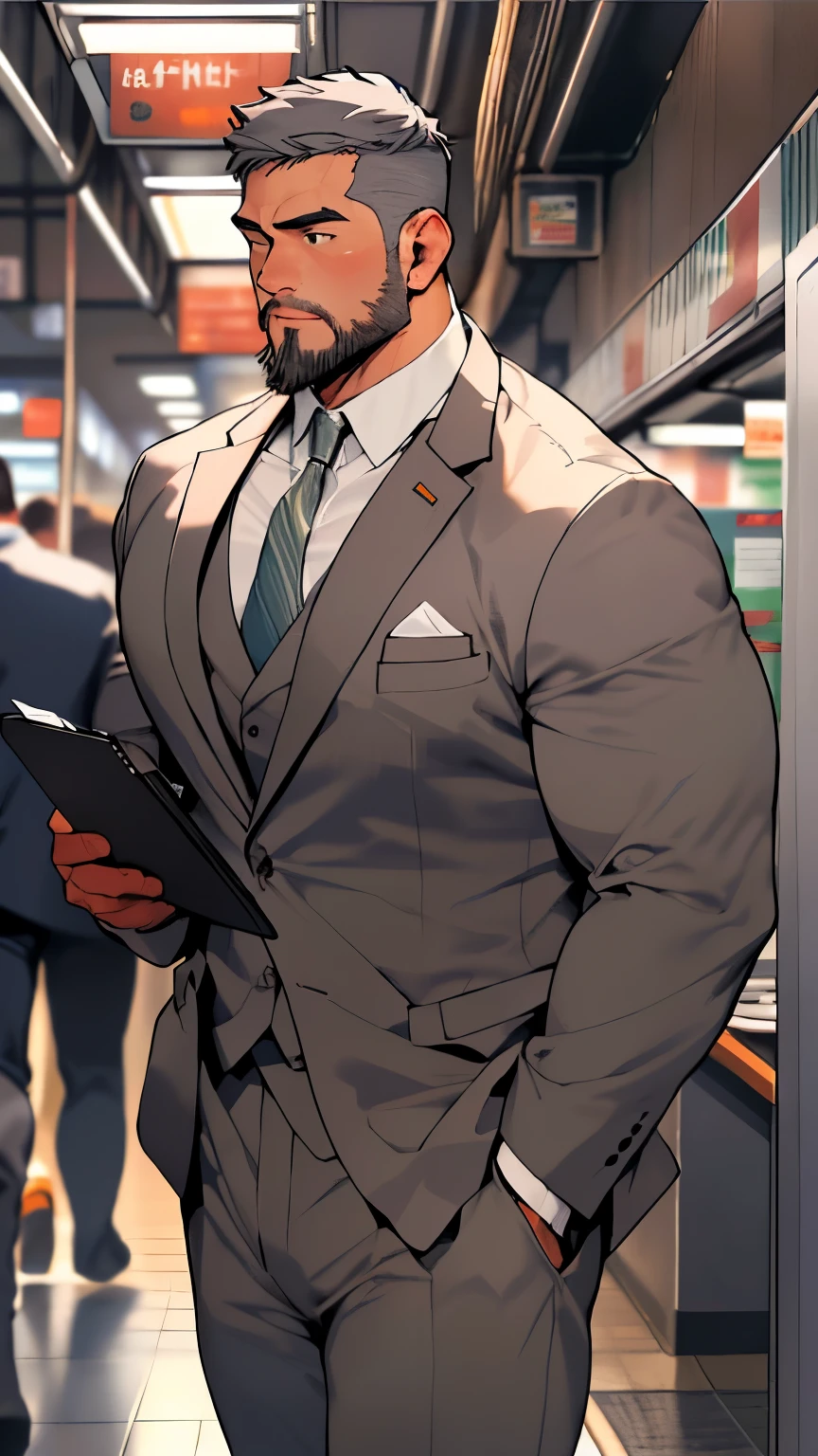 Detailed background, illustration, single, 1 boy, muscle man, 短beard, big face, muscle, beard, Depth of Field, subway, subway platform, ((Office worker in gray suit walking briskly)), Long sleeve, White shirt, Look to the side