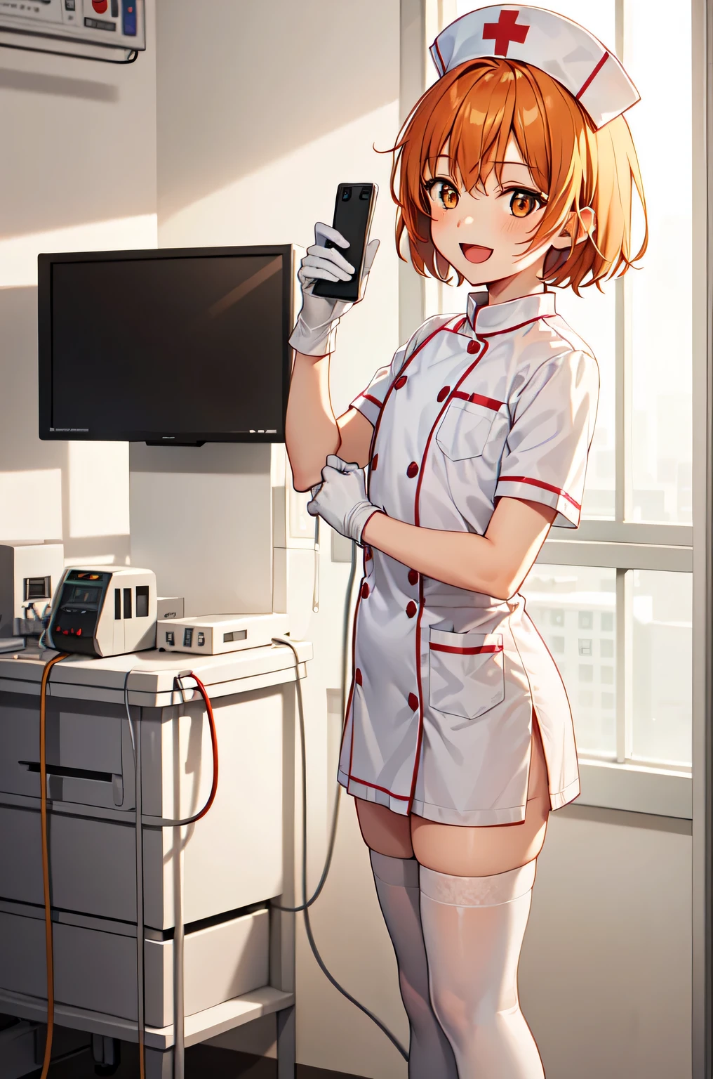 1boy, solo, male focus, nurse, white nurse cap, white nurse uniform, ((white legwear, zettai ryouiki)), white gloves, short hair, orange hair, smile, open mouth, standing, ((hospital room)), sharp outline, short sleeves, shota, , best quality, masterpiece