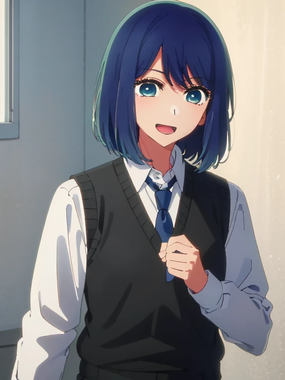 Beautiful lighting, One Girl, solo, Akane, White shirt, Sweater vest, Black vest, Blue tie, ((Anime Style))、((2D))、Laughter、Open your mouth、Look forward