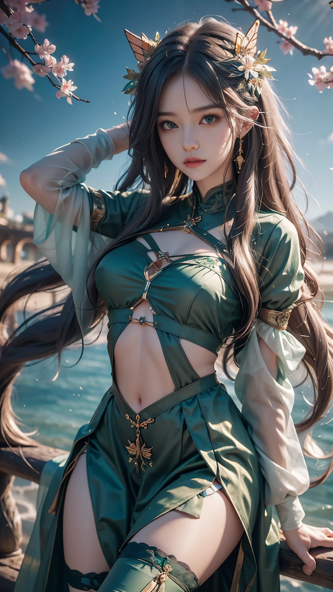 8K, ultra hd, masterpiece, hd colors, 1 girl, perfect face, very long curly hair, detailed eyes, simple clothing, ((green clothing)), stocking, ((criss-cross lace)), sardine, straps, net clothing, ((very long loops)), jwellery, waterside, Realistic scenery, epic scenery, sun rising, evening, clouds, Butterfly, cherry blossom, blowing wind, perfect front pose,