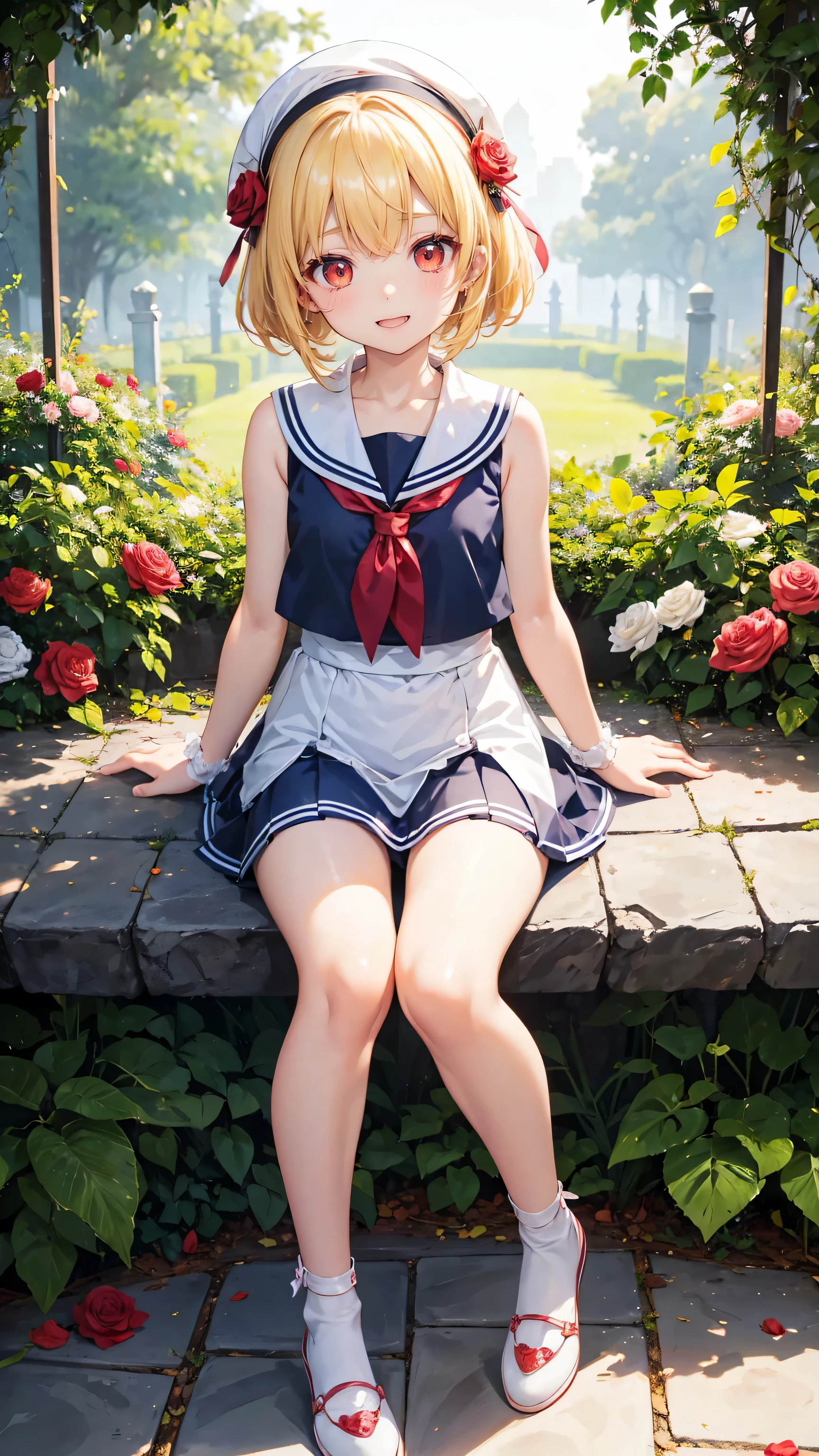 Very cute girl、(I' 8 y、light yellow hair、Shortcuts、Bangs too close to the eyes、Glowing red eyes、(Normal Human Ear)、Thin arms、Beautiful body、Thin legs、Flat Chest、Translucent white skin、Happy smile、Open your mouth、(Sleeveless sailor suit、Ultra mini skirt).(Rose Garden)、Playing innocently、Ultra HD、Digital SLR、Many colorful roses blooming in the background、Upper Body Shot、Sitting with legs crossed、Sitting with knees hugged