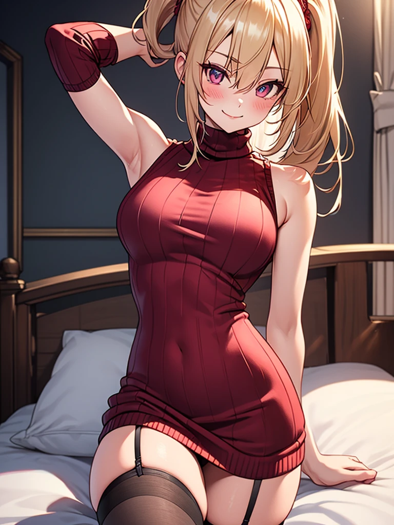 (highest quality, High resolution, perfect pixel, Depth of bounds written, 4K), bed, from side, (cowboy shot), (armpit focus), detailed eyes, (1 lady), tall, slim, perfect body, large breasts, blond hair, (side ponytail:1.2), (burgundy virgin killer sweater dress:1.2), (sleeveless), bare back, (standing), (arm behind head:1.2), seductive smile, blush, (knee-length stockings:1.3),