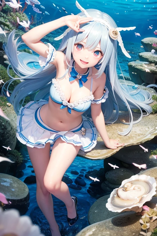 (dynamic angle:1.4), ((full body pose:1.5),2. 5 d cgi anime fantasy artwork, official character art, Kushart Krenz Key Art Feminine, shadowverse character concept, 3 d render official art, anime goddess, jrpg character art, render of a cute 3d anime girl,Hatsune Miku,Swim with dolphins on the ocean floor,beautiful breasts,Diving suit,snorkel,Sand,A sly smile