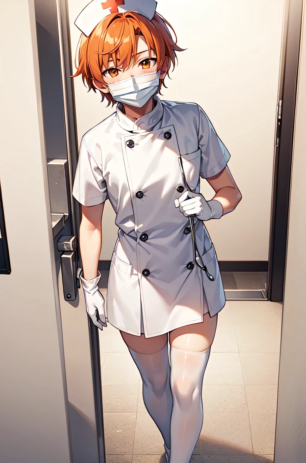 1boy, solo, male focus, nurse, white nurse cap, white nurse uniform, ((white legwear, zettai ryouiki)), white gloves, short hair, orange hair, ((white surgical mask, covered nose)), standing, ((hospital room)), sharp outline, short sleeves, shota, ************, best quality, masterpiece