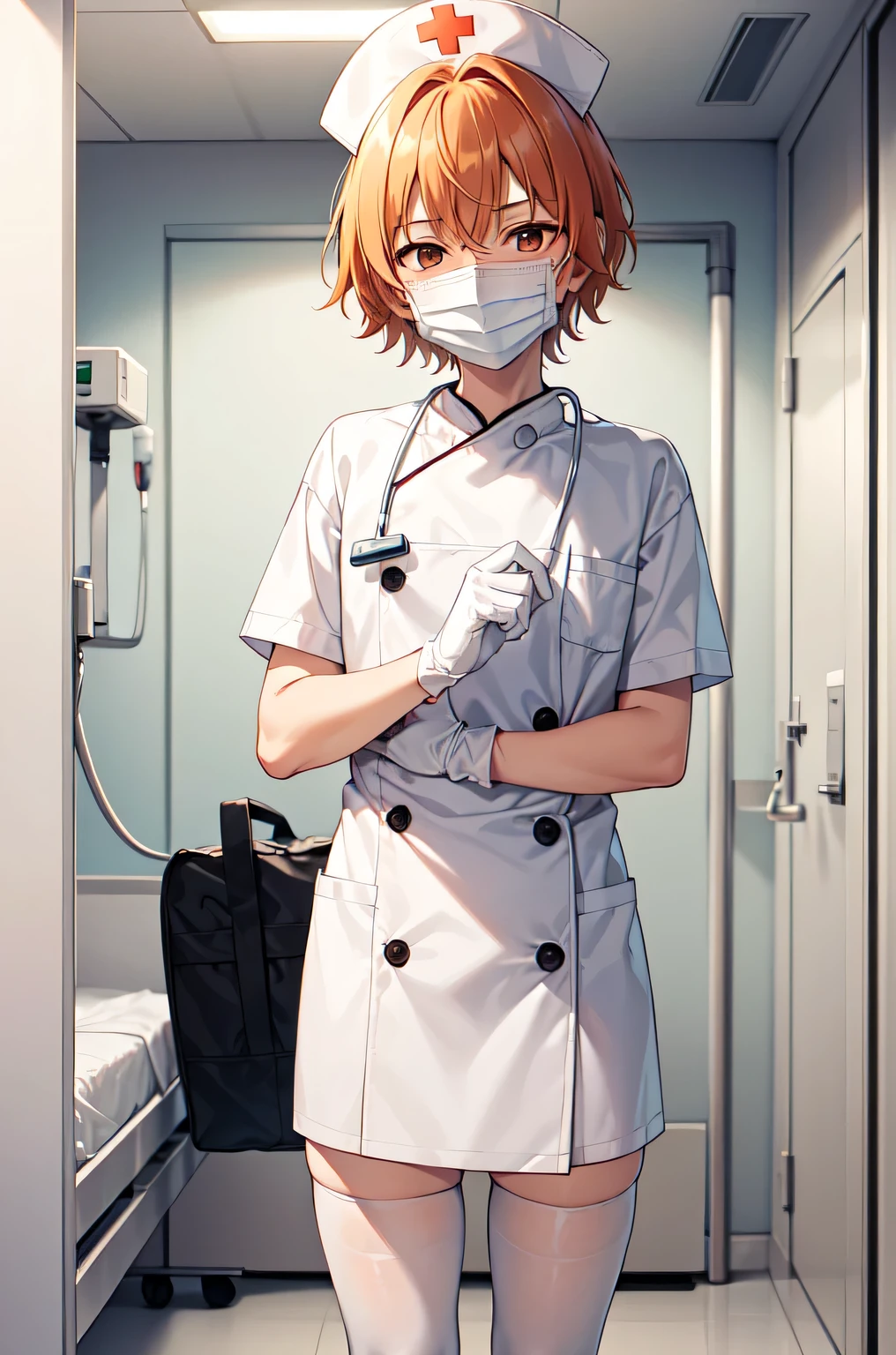 1boy, solo, male focus, nurse, white nurse cap, white nurse uniform, ((white legwear, zettai ryouiki)), white gloves, short hair, orange hair, ((white surgical mask, covered nose)), standing, ((hospital room)), sharp outline, short sleeves, shota, 12 years old, best quality, masterpiece